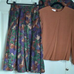 Gregor Green Floral Full Pleated Wool Blend Midi / Maxi Skirt Size 6P